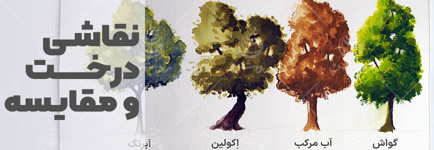 مقایسه اکولین، آبرنگ آقامیری، گواش و آب مرکب در نقاشی درخت